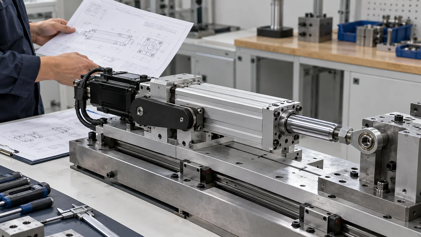 Illustrative engineering review of servo electric cylinder mounting and mechanical drawings