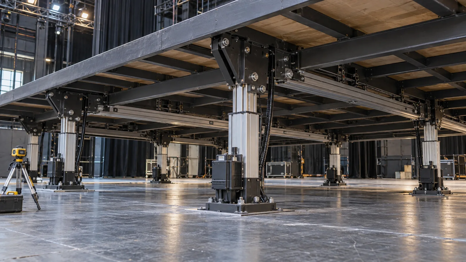 Conceptual guided scenery-platform lift with independent lifting points and commissioning instruments