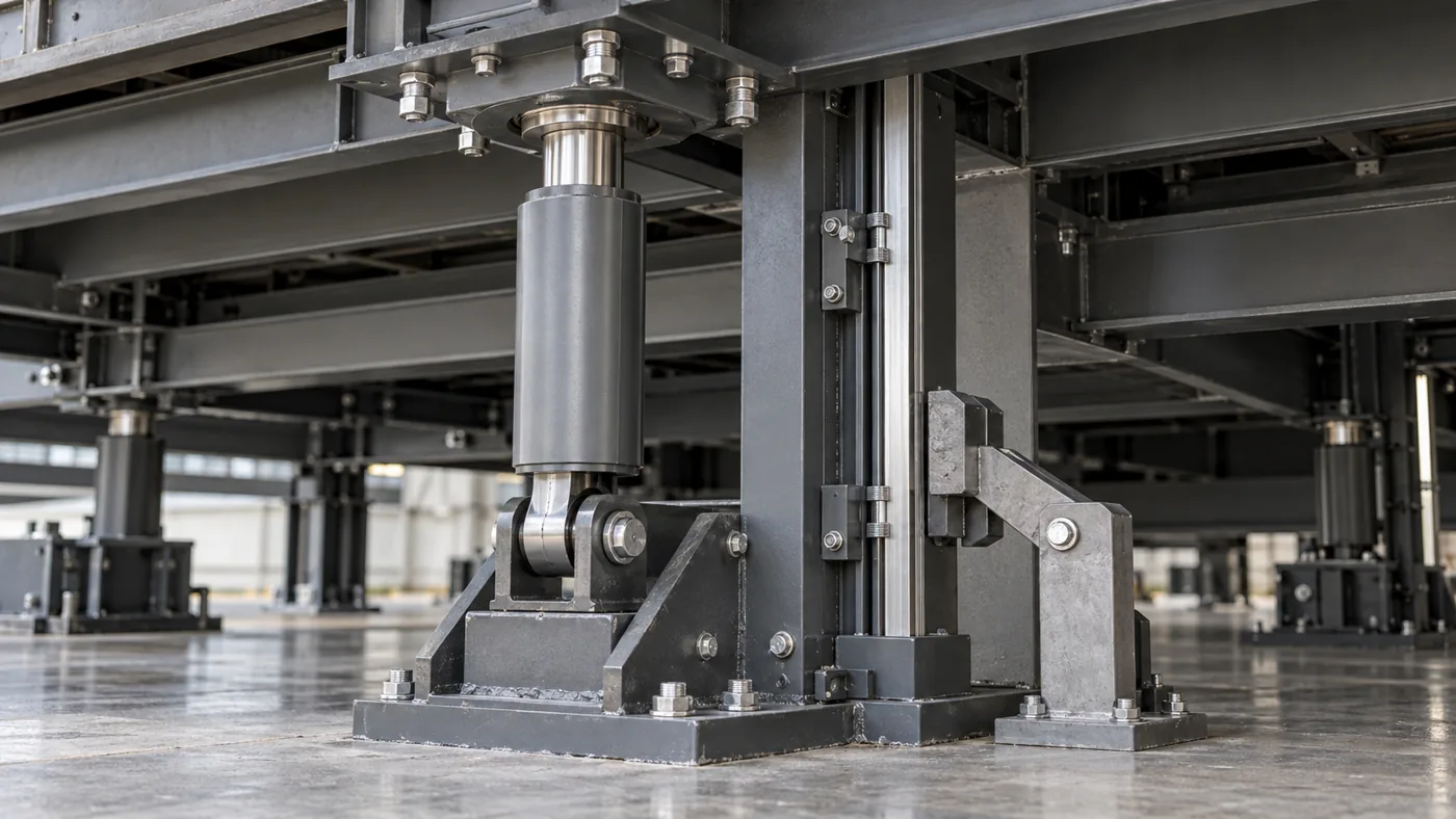Concept detail of stage lifting connection, independent guide and mechanical support provision