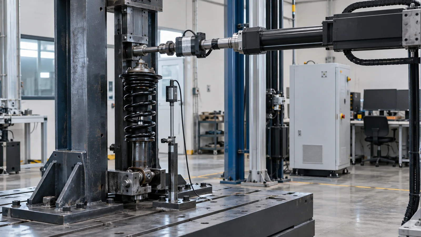 Conceptual suspension damper test fixture with electric actuator and independent measurement