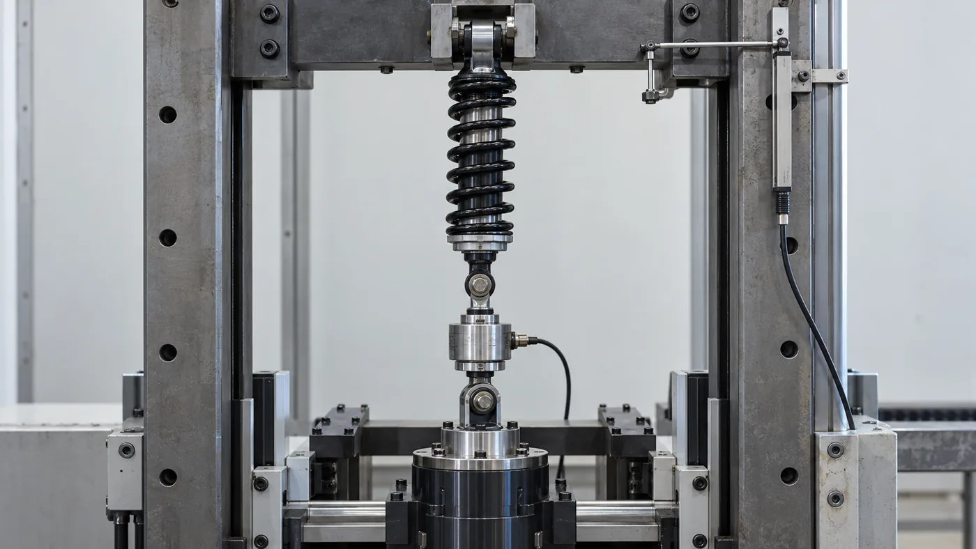 Concept detail of suspension durability rig with axial load cell and displacement reference