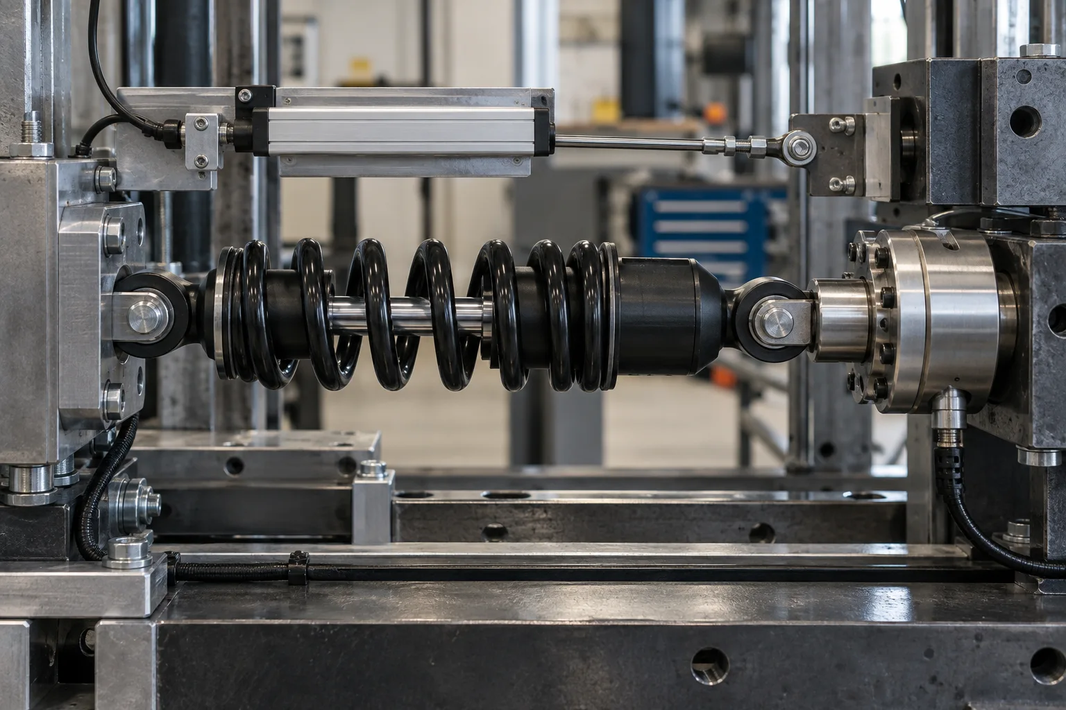 Conceptual damper fixture with independent displacement sensor and inline force measurement