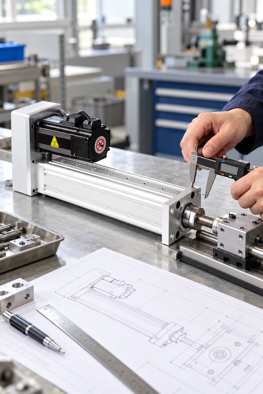 Illustrative engineering inspection of a folded-back servo electric cylinder, mounting dimensions and technical drawing