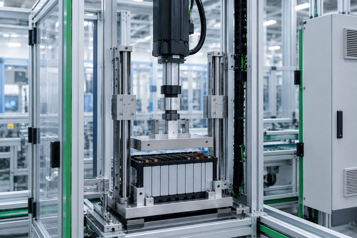 AI-generated engineering concept showing a vertical servo electric cylinder with an inline load cell and externally guided platen working on a fixtured battery module.