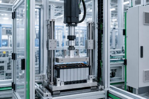 AI-generated engineering concept showing a vertical servo electric cylinder with an inline load cell and externally guided platen working on a fixtured battery module.