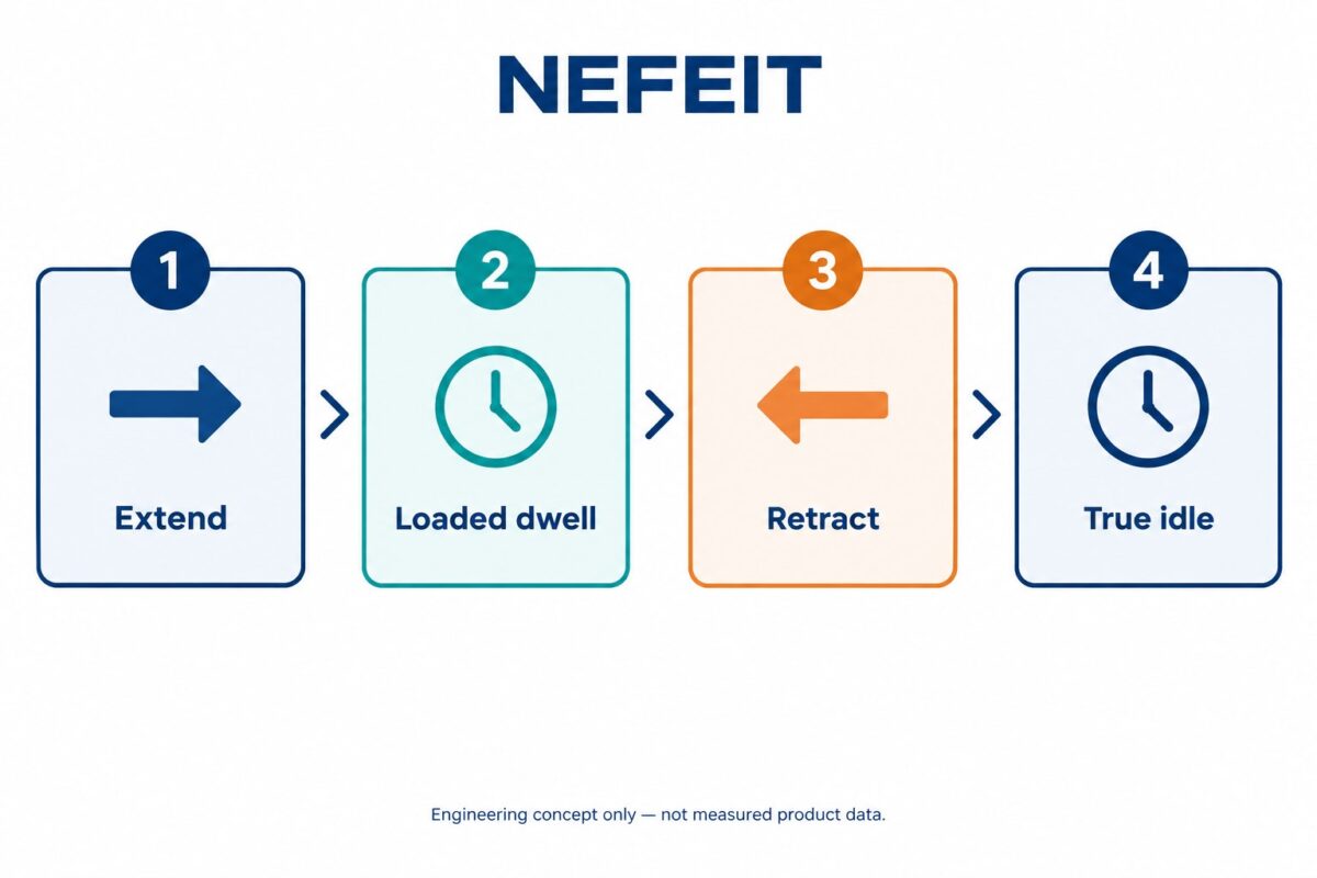 AI-generated four-step engineering concept timeline: extend, loaded dwell, retract and true idle; not measured product data.