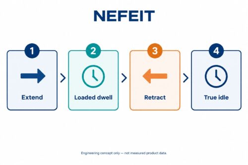 AI-generated four-step engineering concept timeline: extend, loaded dwell, retract and true idle; not measured product data.