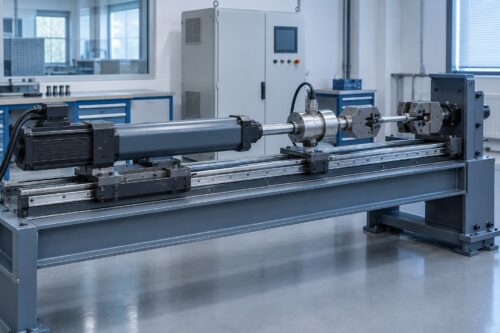 AI-generated engineering concept of a horizontal electromechanical component test rig with an inline load sensor and externally guided specimen fixture